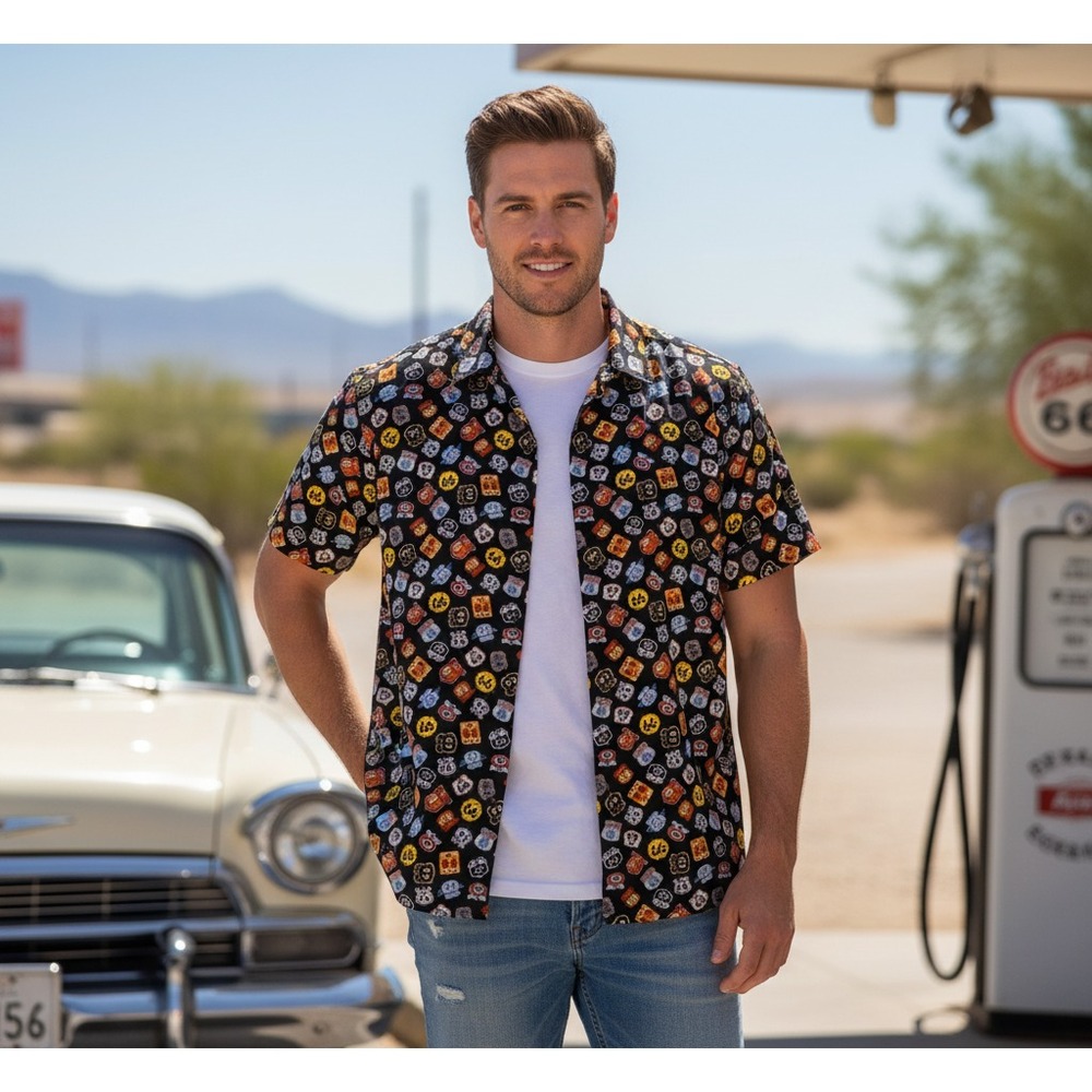 Disney Parks Route 66 Button Up Shirt Mens L‎ Retro Road Trip Novelty Americana